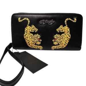 Ed Hardy Screaming Tigers Print Zip Around Wristlet Wallet